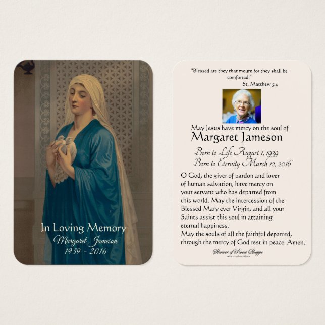 Virgin Mary Catholic Funeral Memorial Holy Card - (Front & Back)