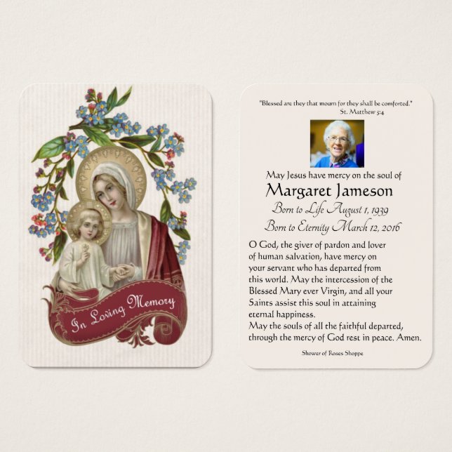 Virgin Mary Catholic Funeral Memorial Holy Card - (Front & Back)