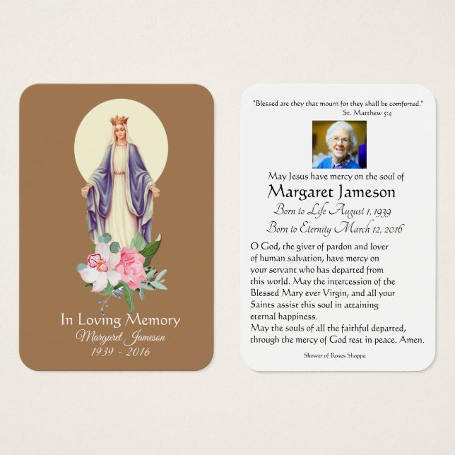 Virgin Mary Catholic Funeral Memorial Holy Card - (Front & Back)