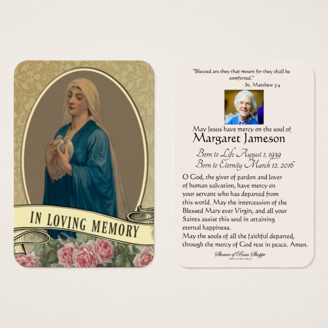 Virgin Mary Catholic Funeral Memorial Holy Card - (Front & Back)