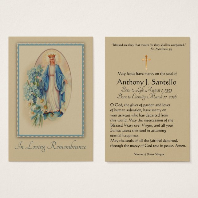 Virgin Mary Catholic Funeral Memorial Holy Card (Front & Back)
