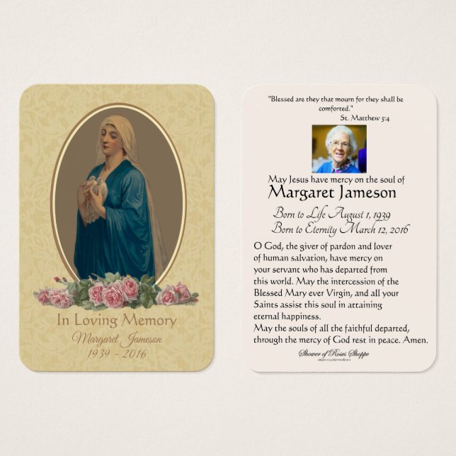 Virgin Mary Catholic Funeral Memorial Holy Card - (Front & Back)
