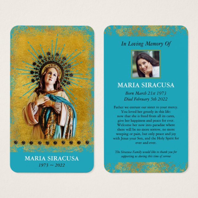 Virgin Mary Catholic Funeral Memorial Prayer Card (Front & Back)