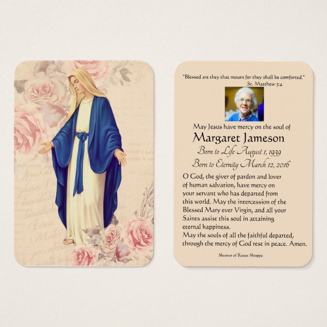 Virgin Mary Catholic Funeral Prayer Memorial Card (Front & Back)