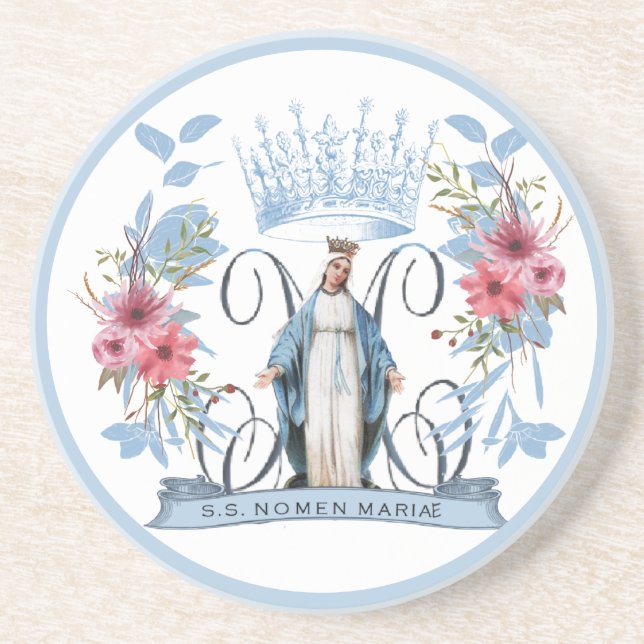 Virgin Mary Catholic Religious Mother Mary Floral Coaster (Front)