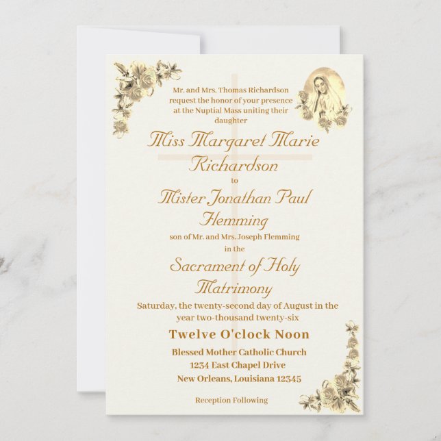 Virgin Mary Catholic Sepia Wedding Invitation (Front)