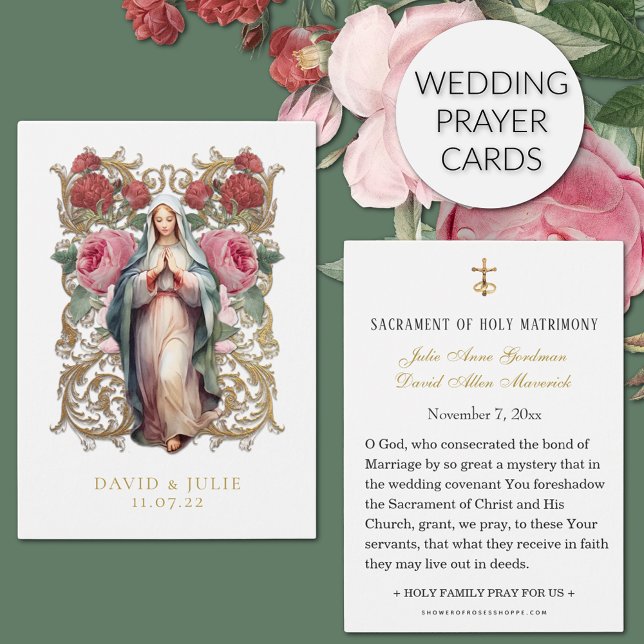 Virgin Mary Catholic Wedding Prayer Card (Traditional Catholic Wedding Prayer card with the Blessed Virgin Mary and Roses)