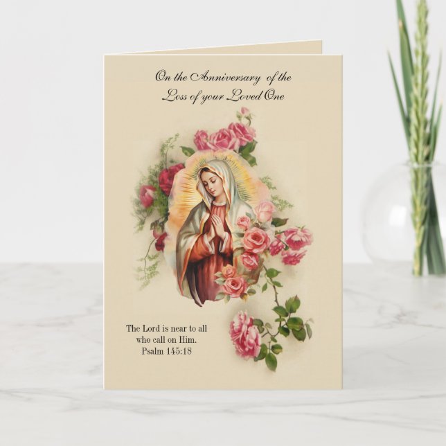 Virgin Mary Floral Anniversary of Death Loved One Card (Front)