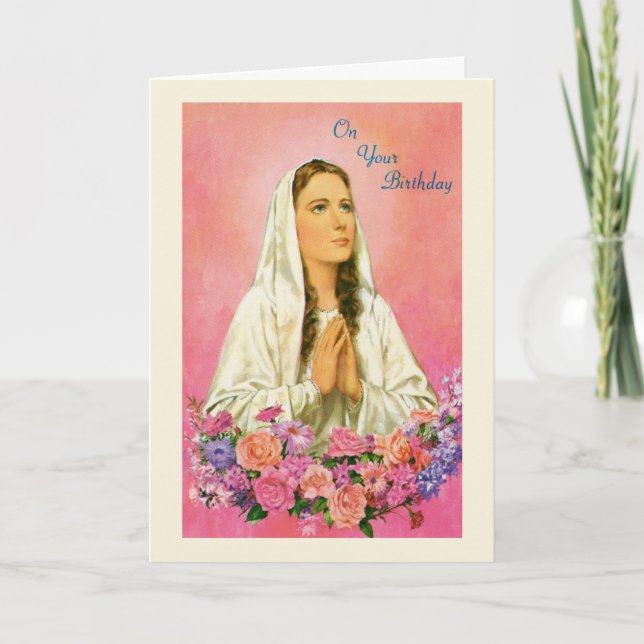 Virgin Mary Floral Religious Mid-century Birthday Card (Front)