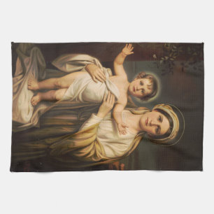 Virgin Mary holding baby Jesus Tea Towel