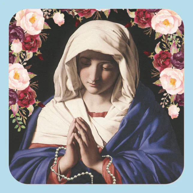 Virgin Mary In Prayer Roses and Rosary Square Sticker | Zazzle