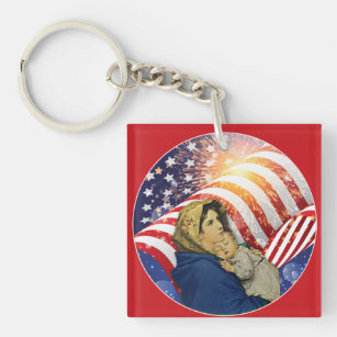 Virgin Mary Jesus American Flag Patriotic Catholic Key Ring