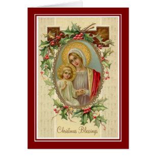 Virgin Mary &  Jesus Christmas Holly Berries & Ivy