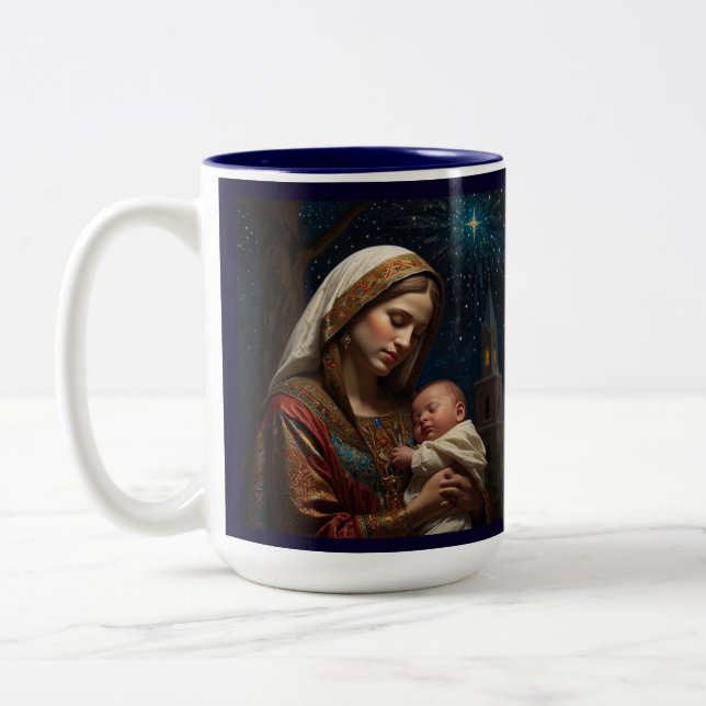 Virgin Mary & Jesus Christmas Nativity Two-Tone Coffee Mug (Left)