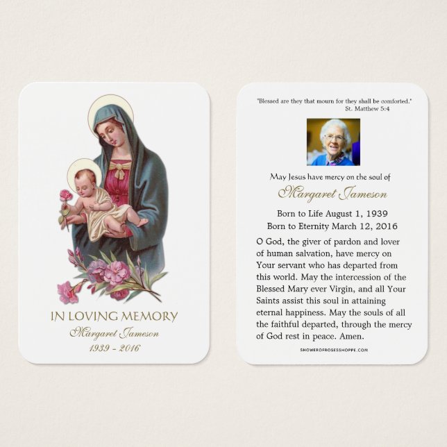 Virgin Mary Jesus Funeral Memorial Holy Card - (Front & Back)