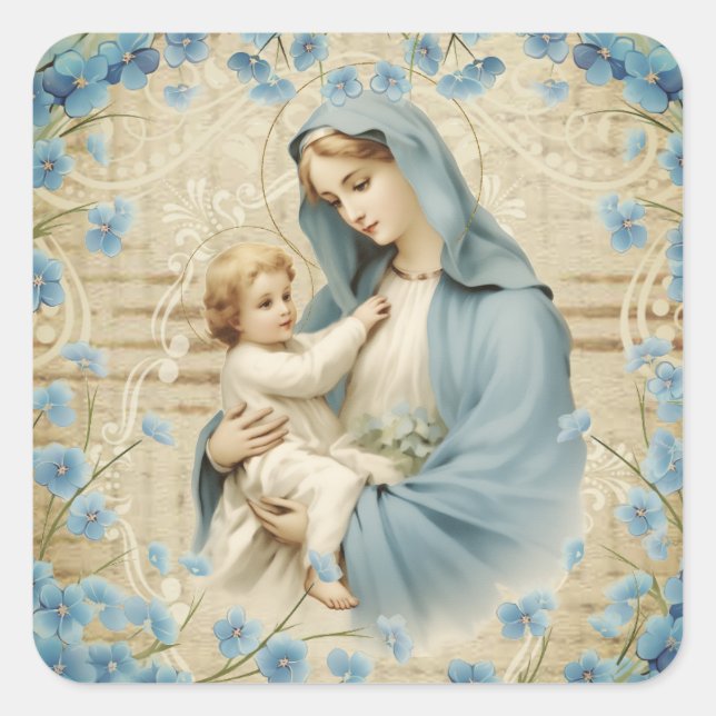 Virgin Mary Jesus Lamb Vintage Blue Floral Square Sticker (Front)