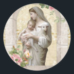 Virgin Mary Jesus Lamb Vintage Floral Religious Classic Round Sticker<br><div class="desc">Lovely vintage image of the Blessed Virgin Mary,  Our Lady of the Good Shepherd with Jesus and a lamb on a vintage background.</div>