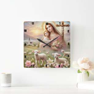 Virgin Mary Jesus Lambs Spiritual Square Wall Clock
