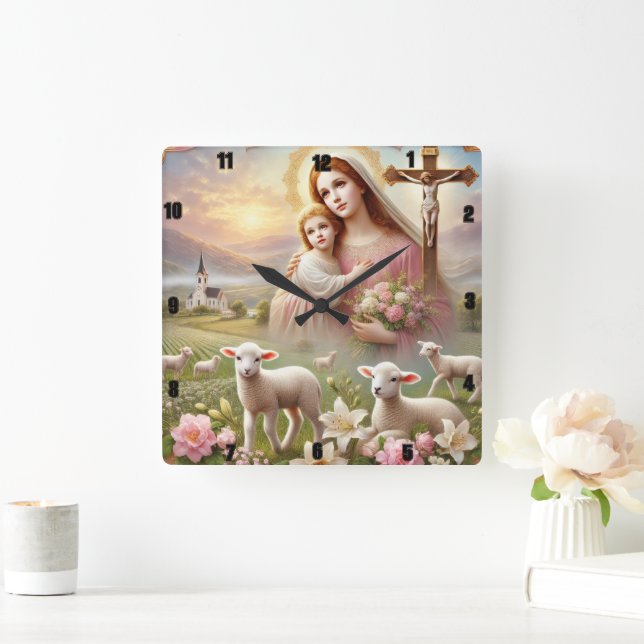Virgin Mary Jesus Lambs Spiritual Square Wall Clock (Home)