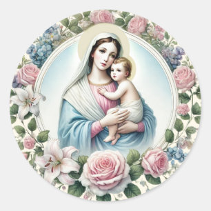 Virgin Mary Jesus Pink Roses Catholic  Classic Round Sticker