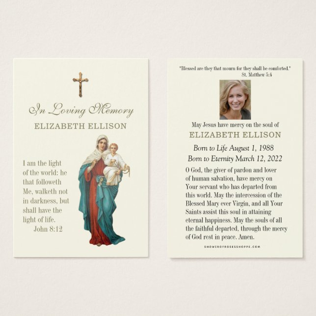 Virgin Mary & Jesus Scripture Funeral Prayer Card (Front & Back)