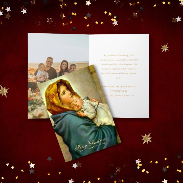 Virgin Mary & Jesus with Photo Catholic Christmas Holiday Card (Folded religious Christmas card with Madonna and Child and family photo for Catholics and Christians)