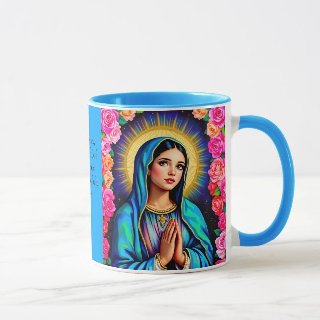 Virgin Mary Prayer Rose Floral Blue Coffee Mug (Right)