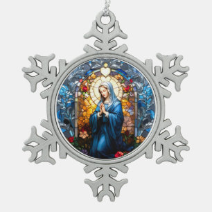 Virgin Mary Praying - Stained Glass Snowflake Pewter Christmas Ornament