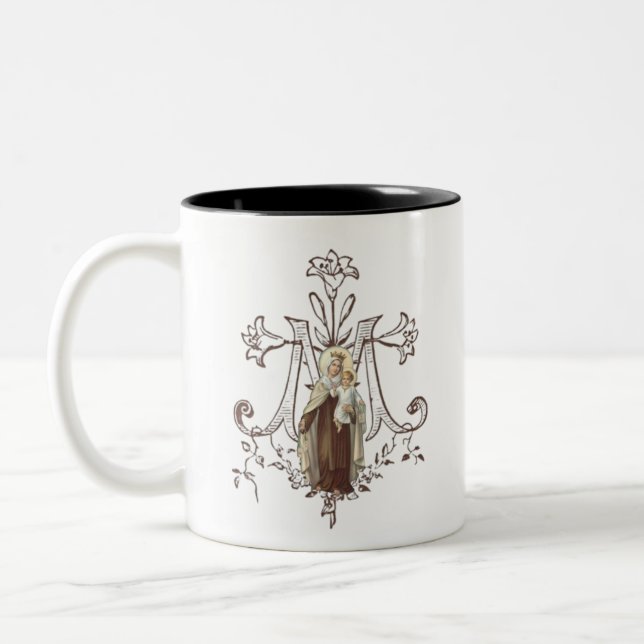 Virgin Mary Religious Catholic Mount Carmel Two-Tone Coffee Mug (Left)