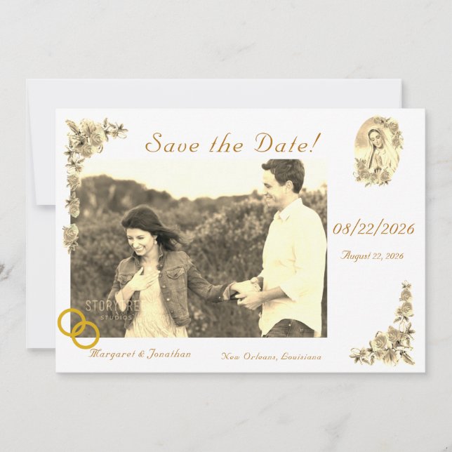 Virgin Mary Sepia Catholic Wedding Save the Date (Front)