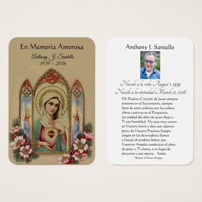 Virgin Mary Spanish Funeral Memorial Holy Card - (Front & Back)