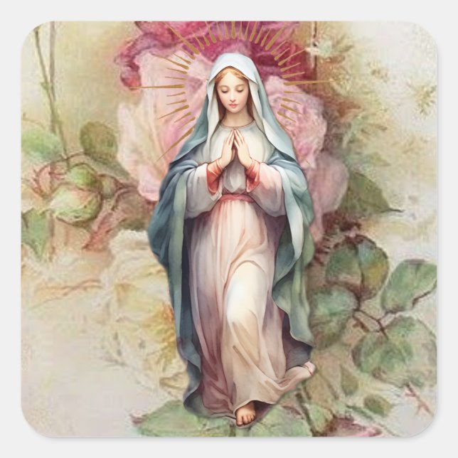 Virgin Mary Vintage Roses Catholic Religious Square Sticker (Front)