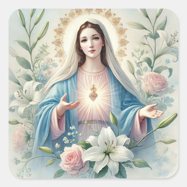 Virgin Mary Vintage Roses Cross Catholic  Square Sticker (Front)