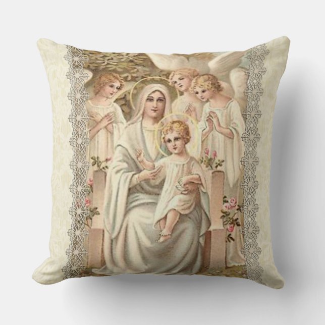 "VIRGIN MARY WITH ANGELS & BABY JESUS CUSHION (Front)