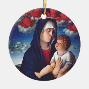 Virgin Mary with Baby Jesus and red cherubs Ceramic Ornament