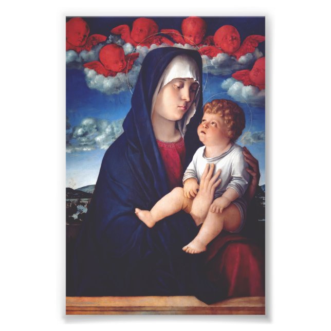 Virgin Mary with Baby Jesus and red cherubs Photo Print (Front)