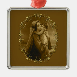 Virgin Mary with Child Jesus, Gold Border Design Metal Ornament