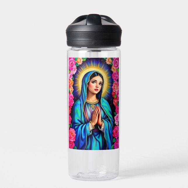 Virgin Mary with Prayer Hands and Roses Water Bottle (Front)