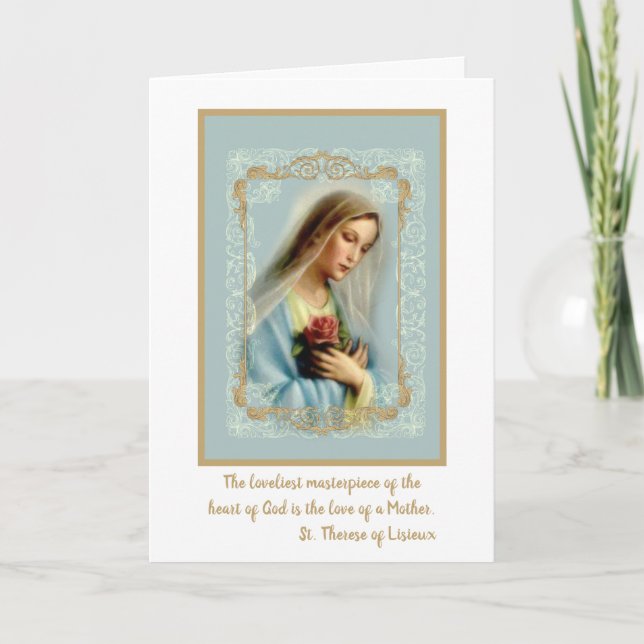 Virgin Mary with Red Rose White Lace Gold Border Card (Front)