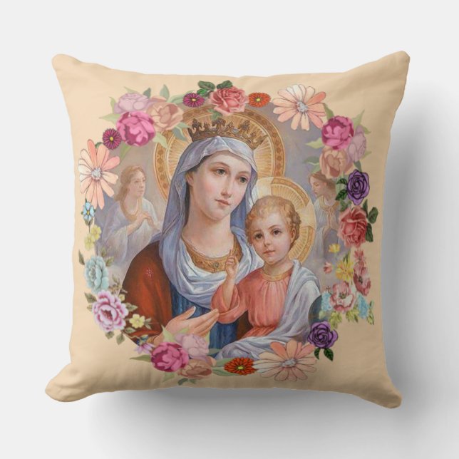 Virgin Mother Mary Baby Jesus Floral wreath Crown Cushion (Front)