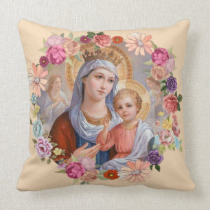 Virgin Mother Mary Baby Jesus Floral wreath Crown Cushion