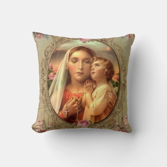 Virgin Mother Mary Baby Jesus Gold Rosary Roses Cushion (Front)