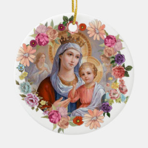 Virgin Mother Mary Crown Baby Jesus Angels Flowers Ceramic Tree Decoration