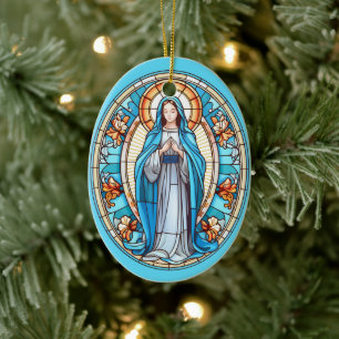Virgin Mother Mary in Blue Stained Glass Christmas Ceramic Ornament