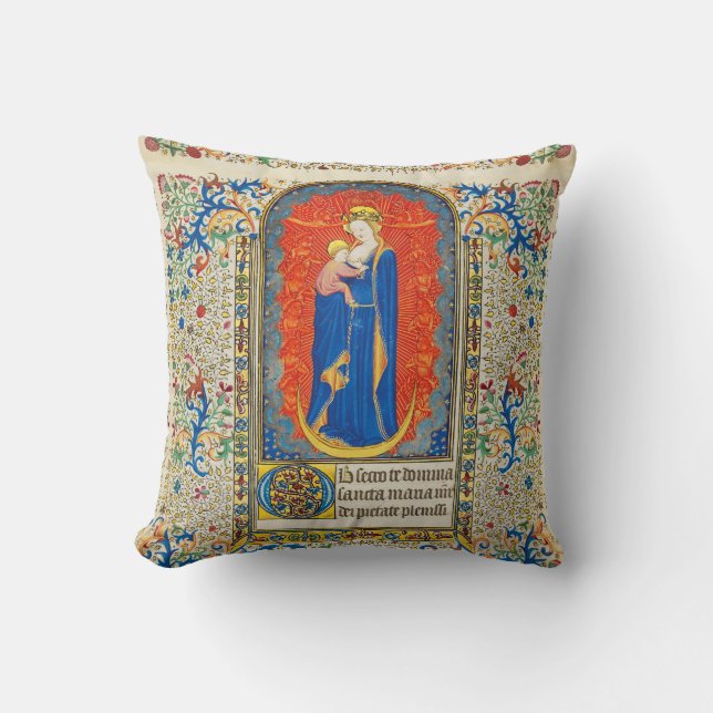 VIRGIN WITH CHILD AND ANGELS Antique Floral Swirls Cushion (Front)