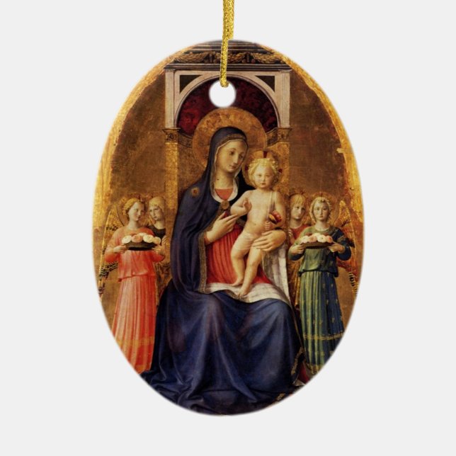 VIRGIN WITH CHILD AND ANGELS ,Blue Sapphire Ceramic Tree Decoration (Front)