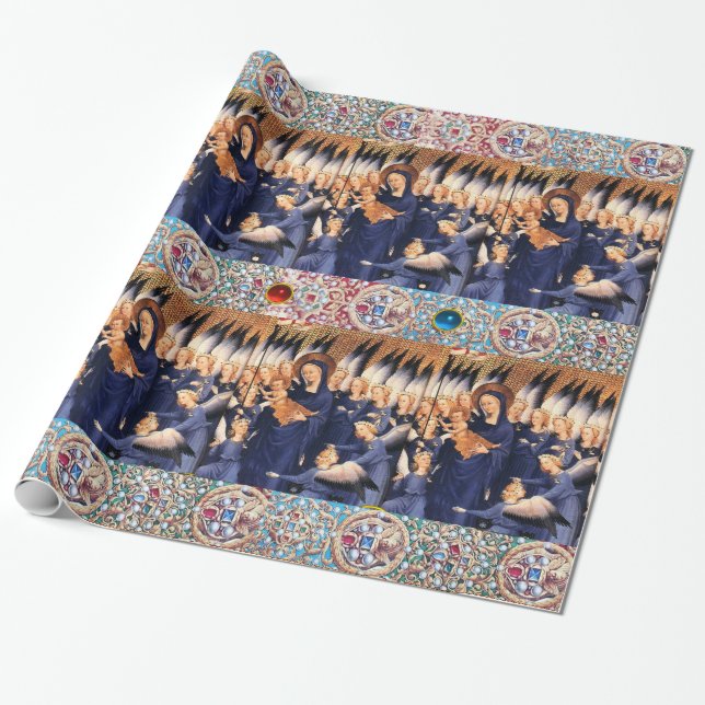 VIRGIN WITH CHILD AND ANGELS ,RED BLUE GEMSTONES WRAPPING PAPER (Unrolled)