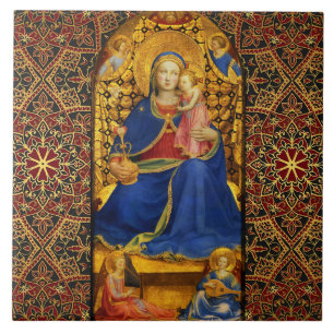 VIRGIN WITH CHILD AND ANGELS, Red Blue Gold Xmas Ceramic Tile
