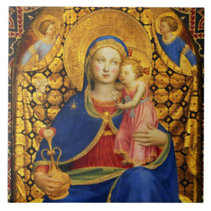 VIRGIN WITH CHILD AND ANGELS, Red Blue Gold Xmas Ceramic Tile