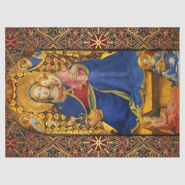 VIRGIN WITH CHILD AND ANGELS, Red Blue Gold Xmas Tissue Paper (Front)